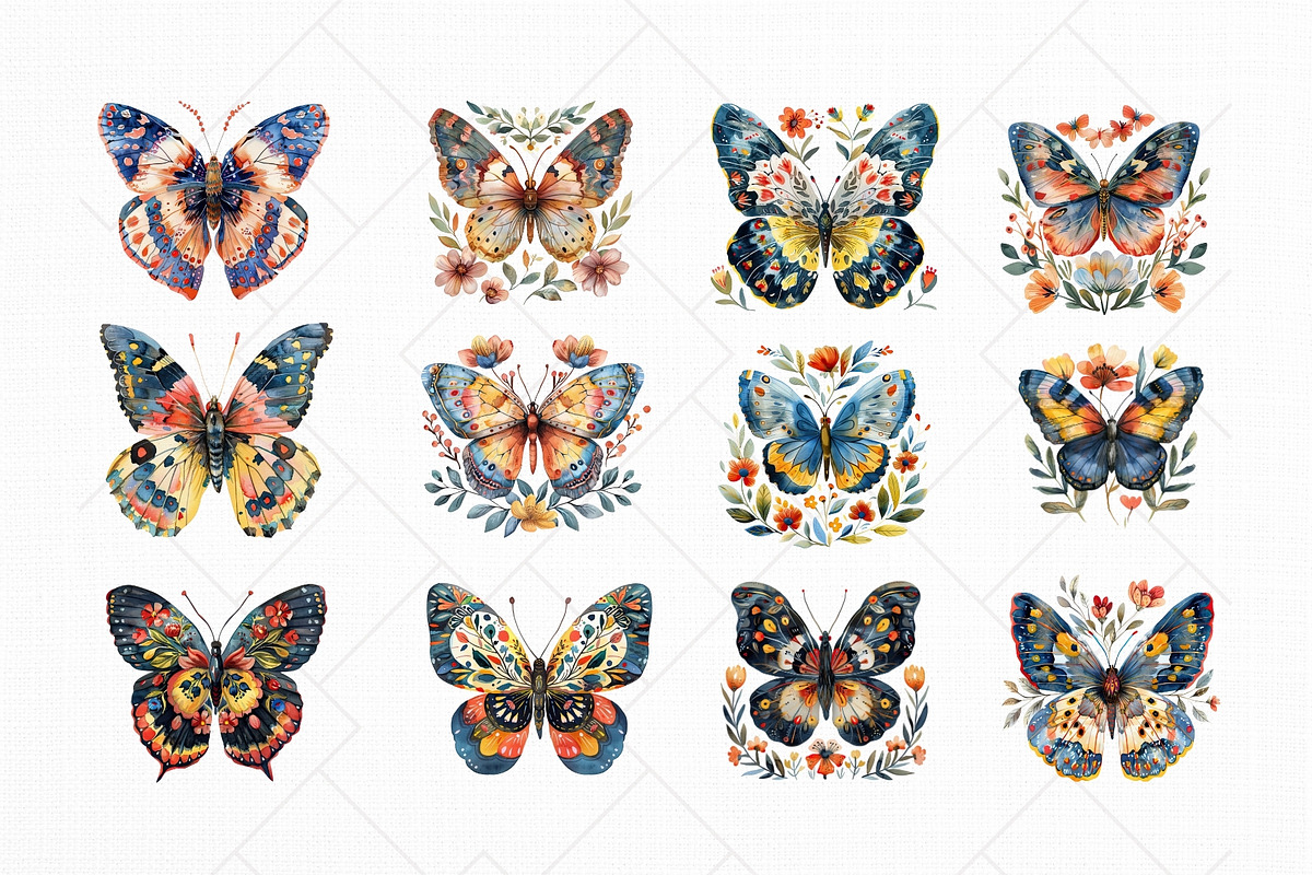 Watercolor Folk Butterflies Clipart, a Decorative Illustration by The Twin Lakes Studio (Photo 3 of 9)