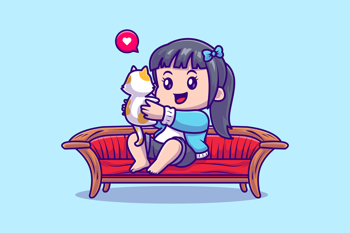 Cute Girl Playing With Cat On Sofa, an Object Illustration by Catalyst Labs