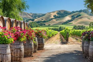 Sunny vineyard with barrels, flowers, a Photo by Beautiful things