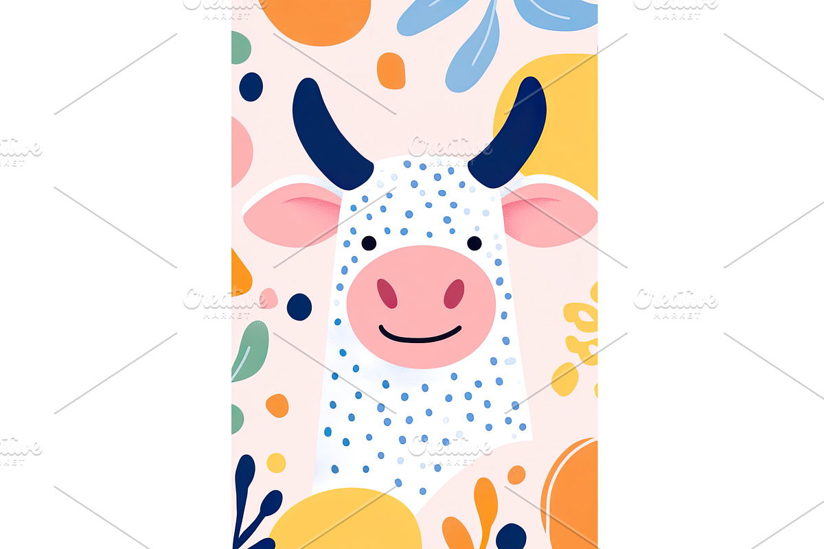 Colorful cartoon cow with abstract, an Illustration by Lermont51