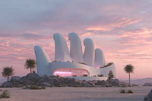 Hand-shaped building in desert, a Photo by Beautiful things