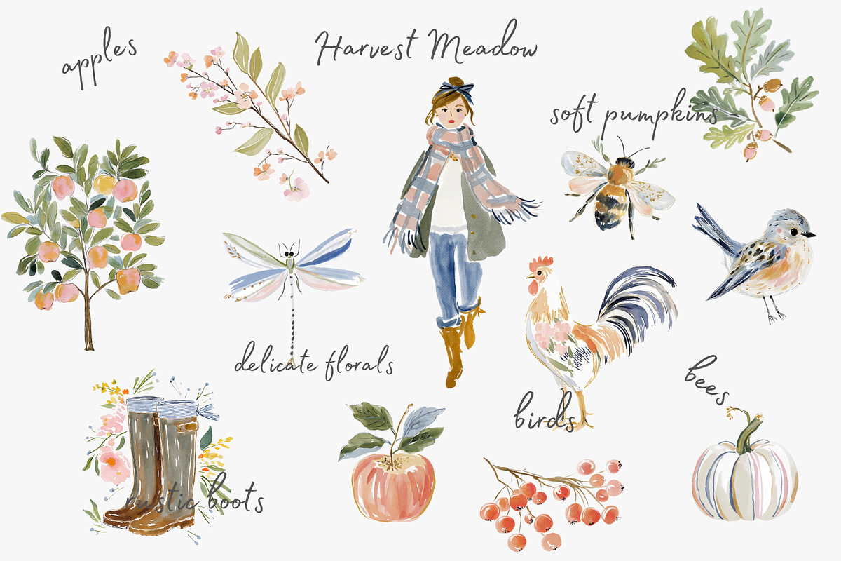 harvest meadow watercolor clipart, a Decorative Illustration by Patishop Art (Photo 2 of 10)
