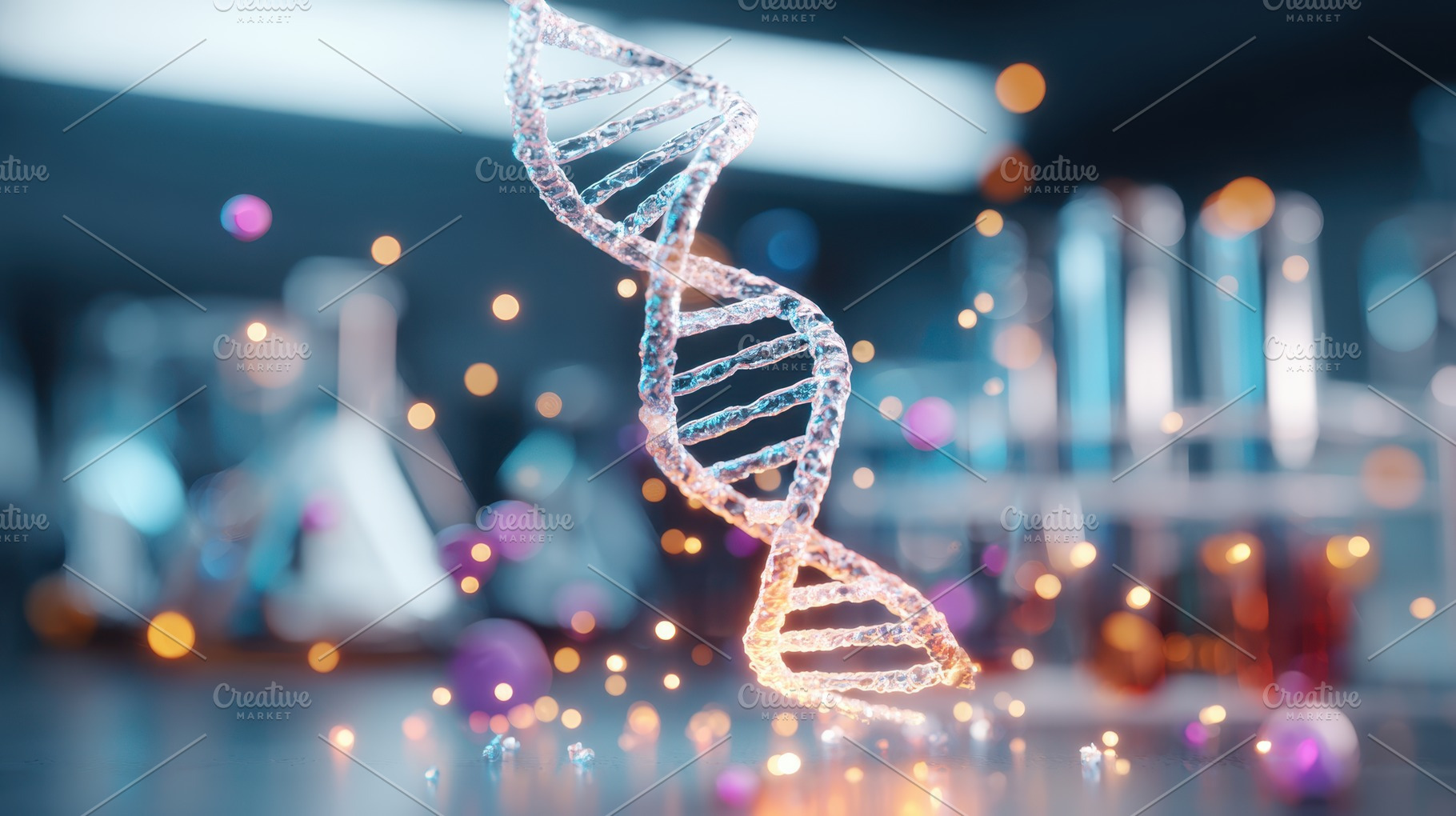 Glowing dna double helix in a laboratory setting, a Health & Medical Photo by AlyaAnd