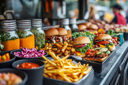 Array of delicious street food: burg, a Background Photo by Pixeness
