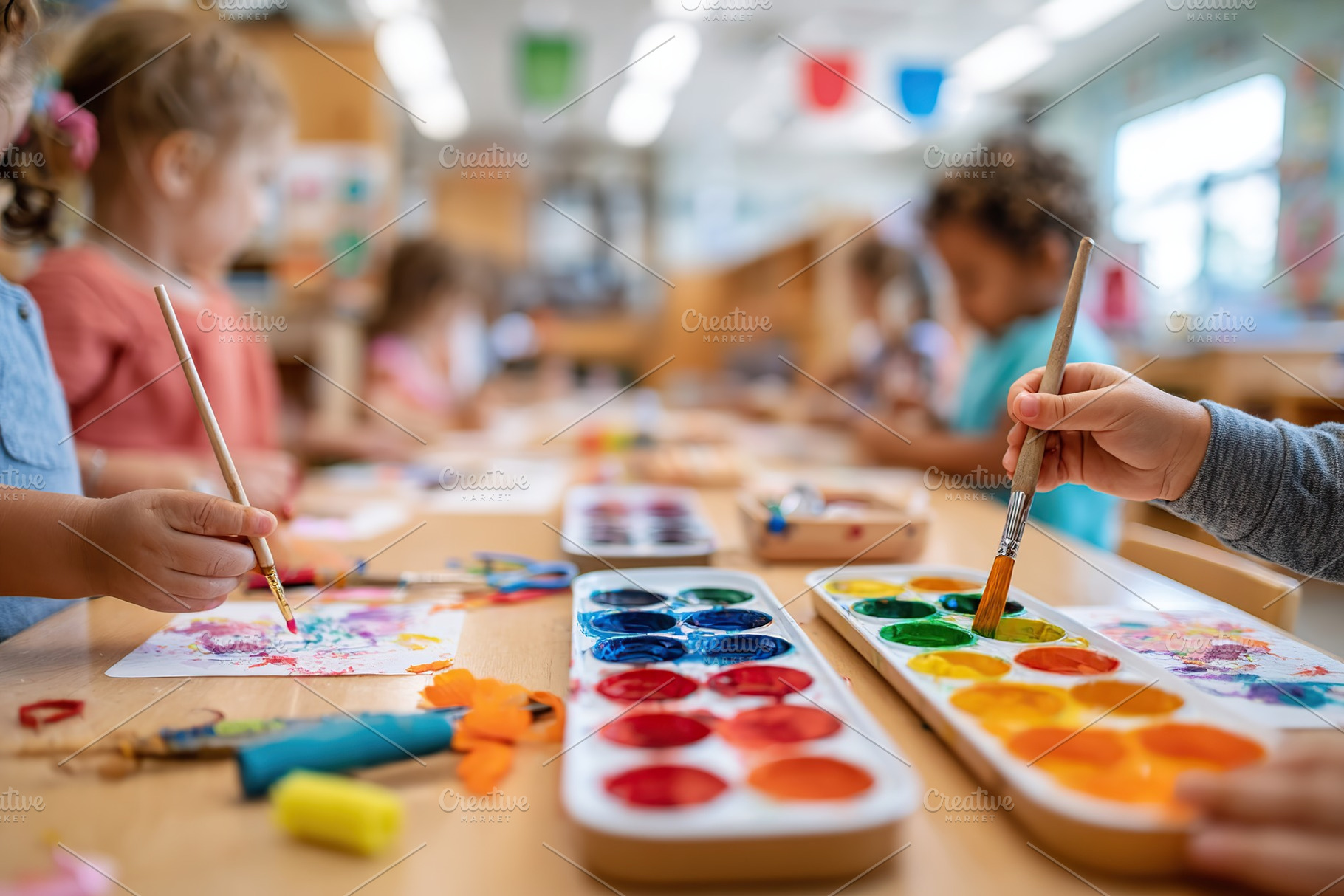 Children engaged in creative painting activity in a vibrant classroom setting, a Photo by AlyaAnd