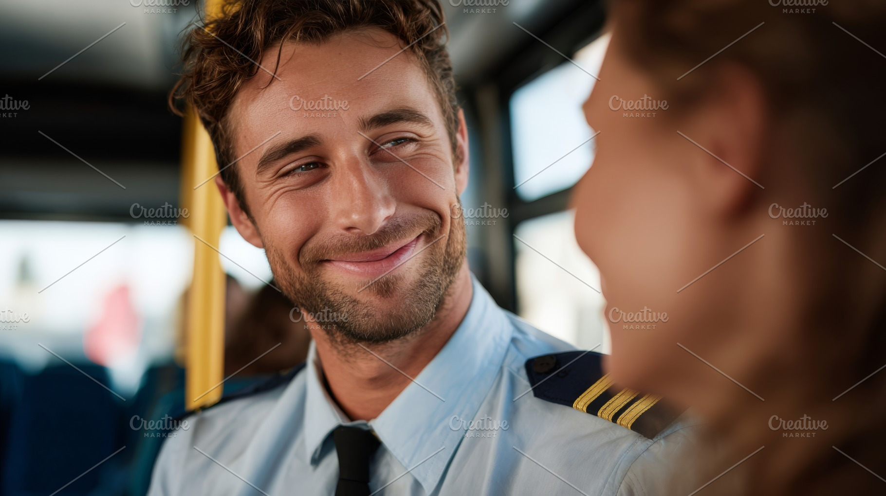 A smiling young Caucasian male bus driver engages warmly with a passenger on a, a Person Photo by ImageMir