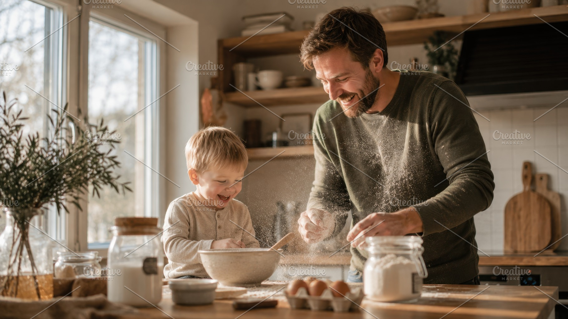 Dad and son bake in kitchen, a Photo by Beautiful things