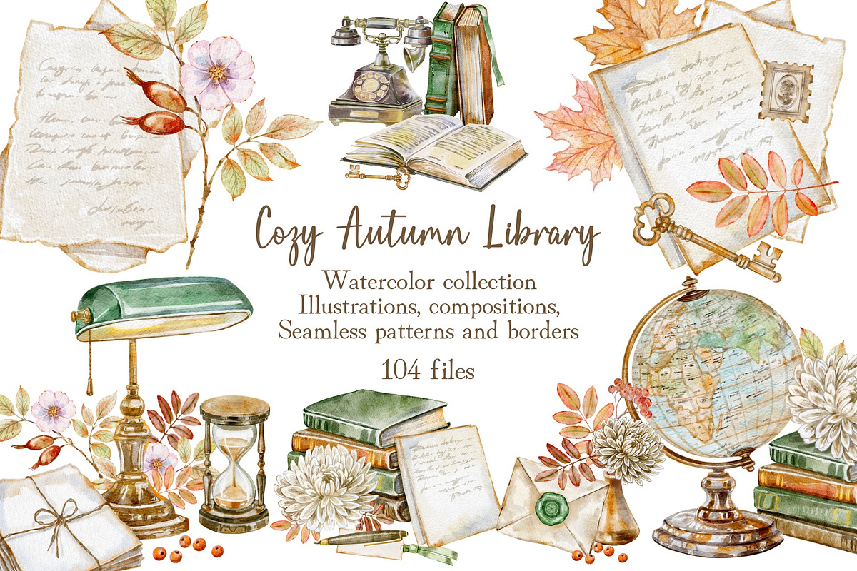 Cozy Autumn Library Watercolor, a Seasonal Illustration by Shabbypie (Photo 1 of 4)