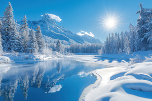 Snowy mountain lake winter wonderlan, a Photo by Pixeness Studio