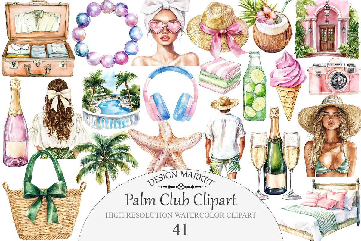 Watercolor Palm Club Clipart, an Illustration by Design Market (Photo 1 of 5)
