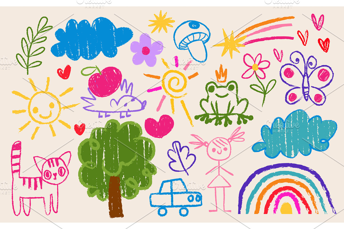 Hand drawn kids crayon pictures set, an Illustration by art PVP - market