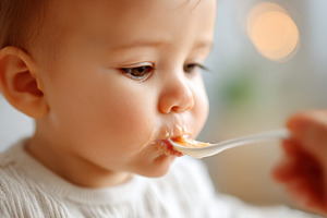 Baby enjoying mealtime with a spoon, a Person Photo by AlyaAnd