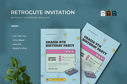 Retrocute - Birthday Invitation, a Print Template by VUNIRA