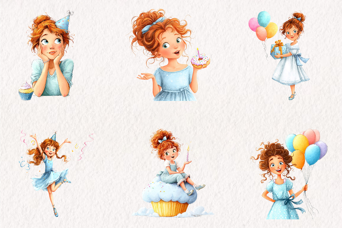 Whimsical Birthday Girl PNG Clipart, a Seasonal Illustration by CreationArt (Photo 3 of 7)