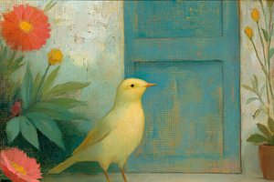 Yellow bird perching near a teal door, vibrant flowers blooming, an Illustration by Studio ANNA