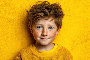 Smiling freckled boy with tousled hair in yellow sweater against, a Person Photo by José Manuel Gelpi