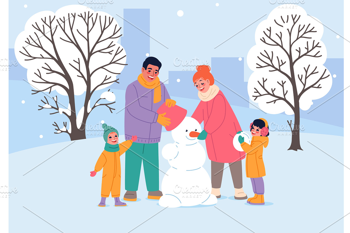 Happy family on winter walk. Parents, an Illustration by YummyBuum
