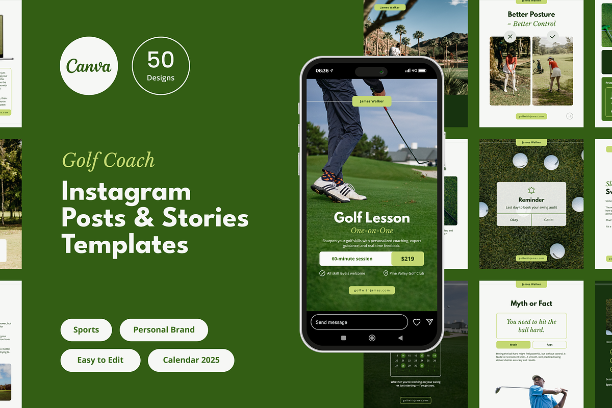Golf Coach Instagram Canva Templates, a Social Media Template by Mirely Creative Co (Photo 1 of 6)