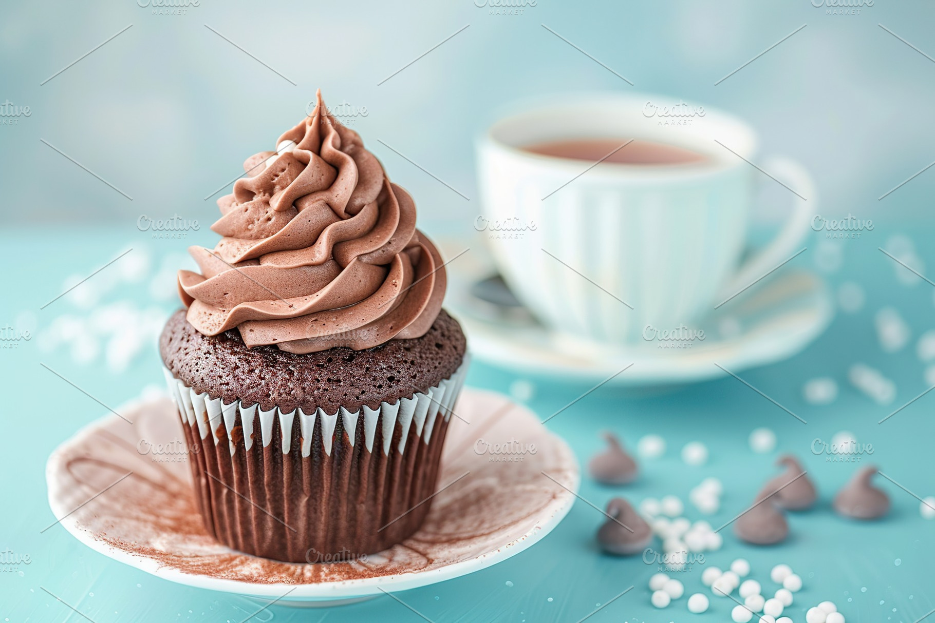 Chocolate cupcakes with whipped cream and cup of tea on blue background, a Food & Drink Photo by AlyaAnd
