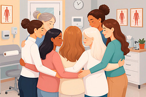 Group of diverse women providing care to elderly patient, a Photo by DanFLCreativo
