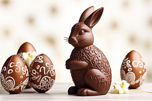 Sweet chocolate rabbit and easter eggs on wooden background, a Holiday Photo by AlyaAnd