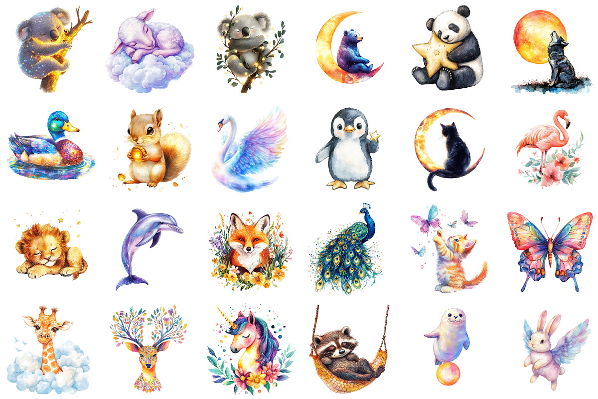 Watercolor Dreamy Animals Clipart, a Seasonal Illustration by designcity5 (Photo 2 of 5)