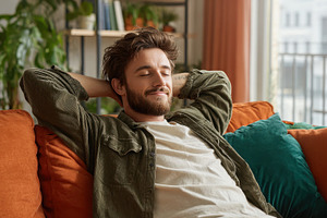 Relaxed man on orange couch green pi, a Photo by Pixeness Studio
