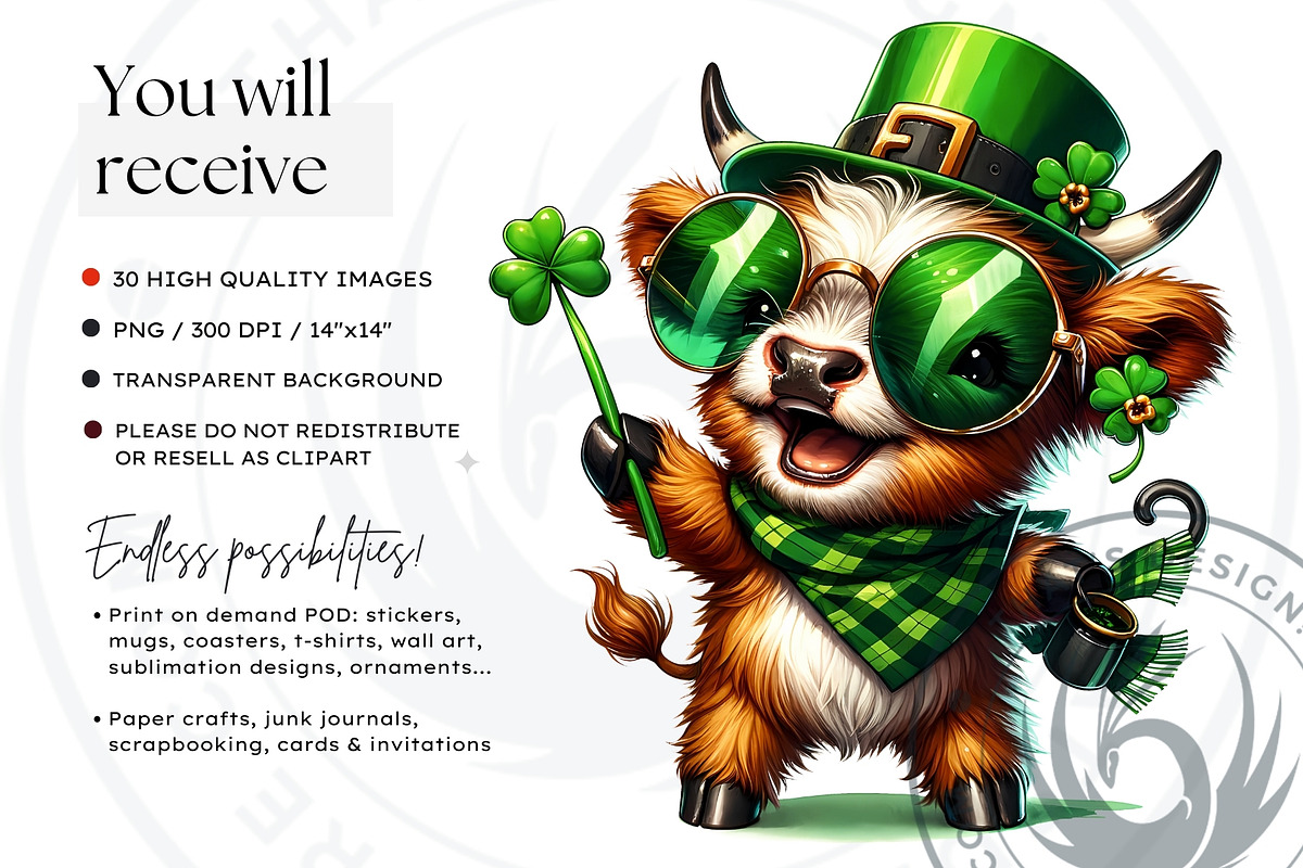 St Patricks day Highland Cow Clipart, an Animal Illustration by ThatsDesignArt (Photo 2 of 10)