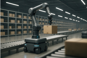 A robotic arm on a conveyor system, an Illustration by Sergey Kotenev
