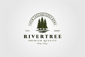 River Pine Tree Vintage Logo Vector