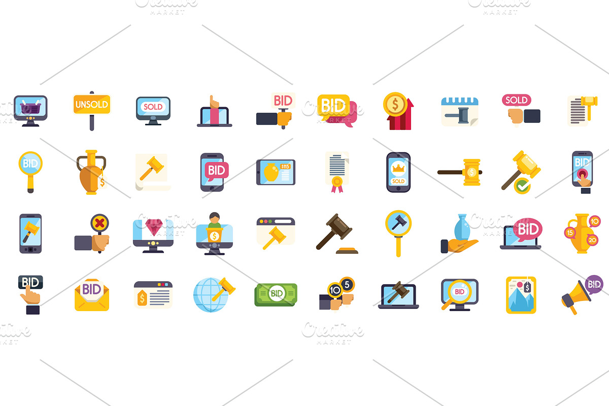 Auction icons set representing, an Object Illustration by Ylivdesign