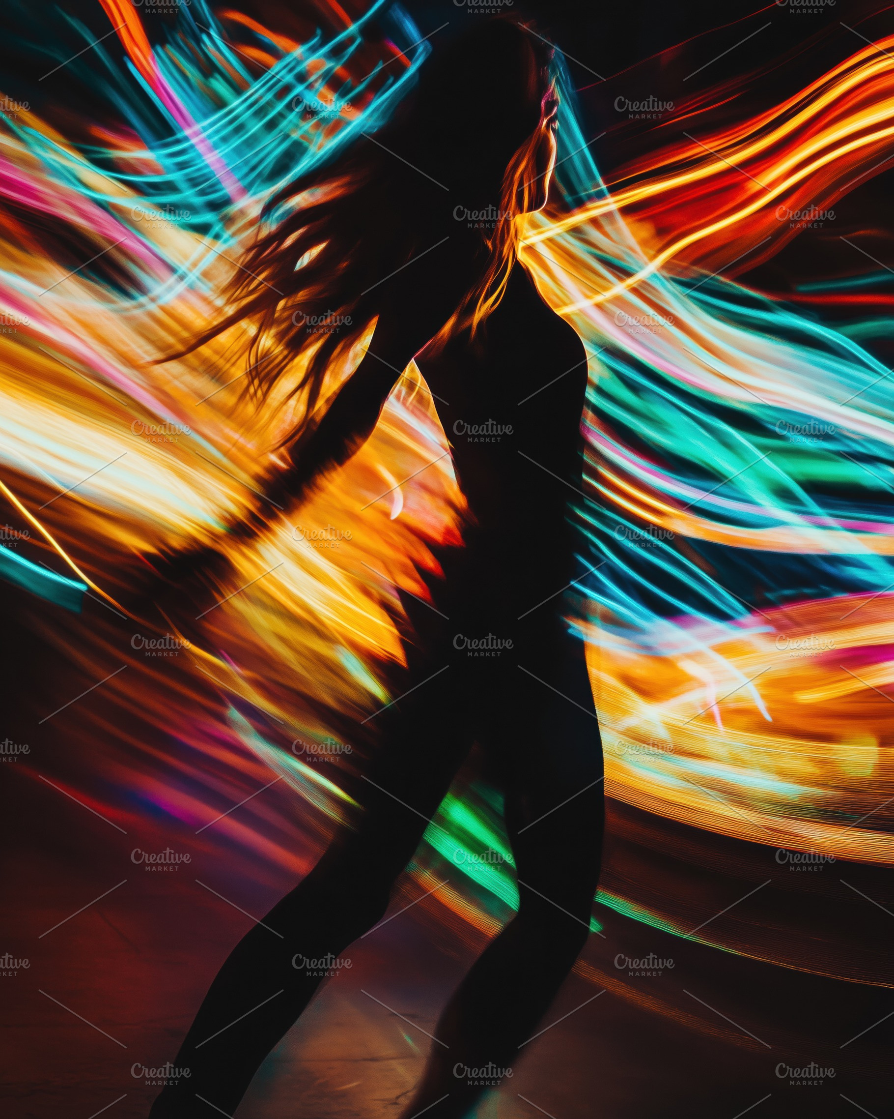 A silhouette of a dancer in motion, surrounded by vibrant, swirling lights in v, a Person Photo by Textures & Backgrounds
