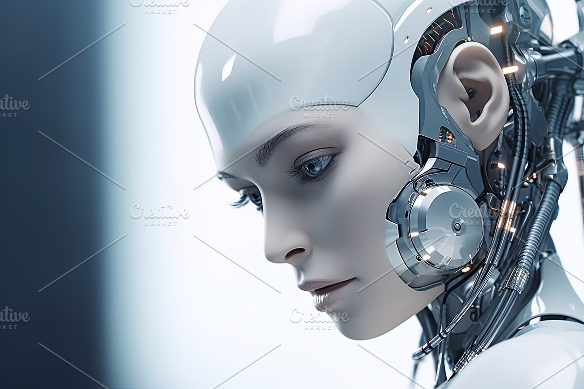 Young android robot nice woman face with part of skin and white