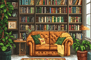 Cozy pixel art library feature, a Photo by Pavel_design