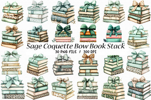 Sage Coquette Bow Book Stack PNG, an Illustration by Libby Wishes
