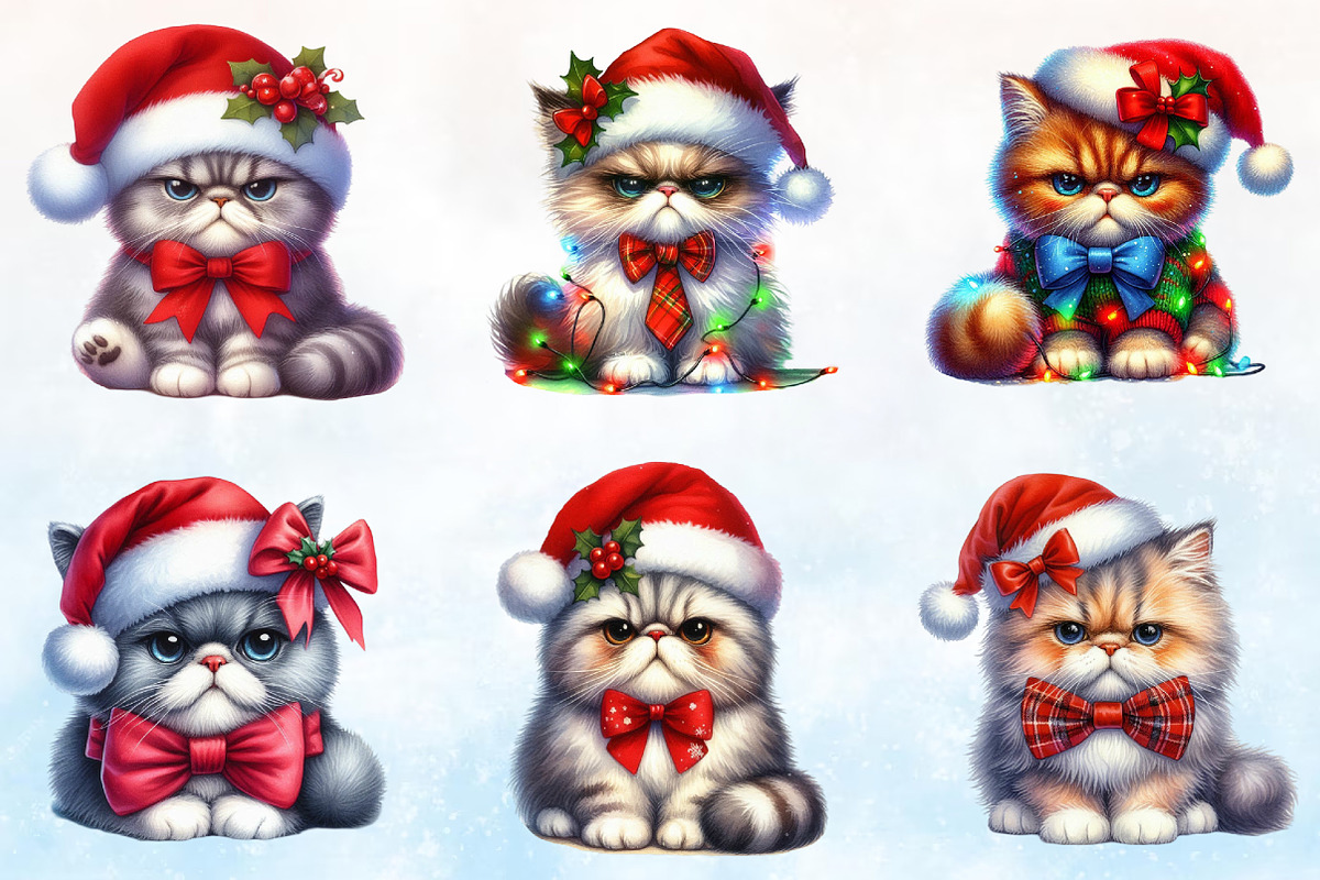 Watercolor Grumpy Christmas Cats Cl, a Seasonal Illustration by Rose Art (Photo 2 of 7)