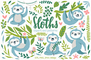 Sloths. Clipart, patterns & prints.