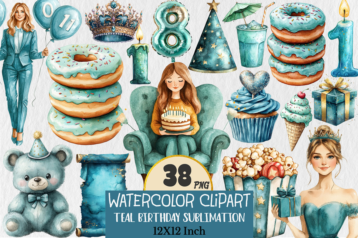 Teal Birthday Sublimation Clipart, an Illustration by Rose Art (Photo 1 of 5)