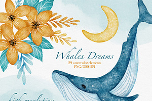 Whales Dreams Watercolor Clipart