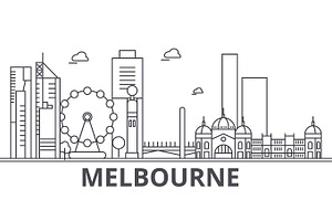 Melbourne Architecture Line Skyline Illustration. Linear Vector Cityscape With Famous Landmarks, City Sights, Design Icons. Landscape Wtih Editable St