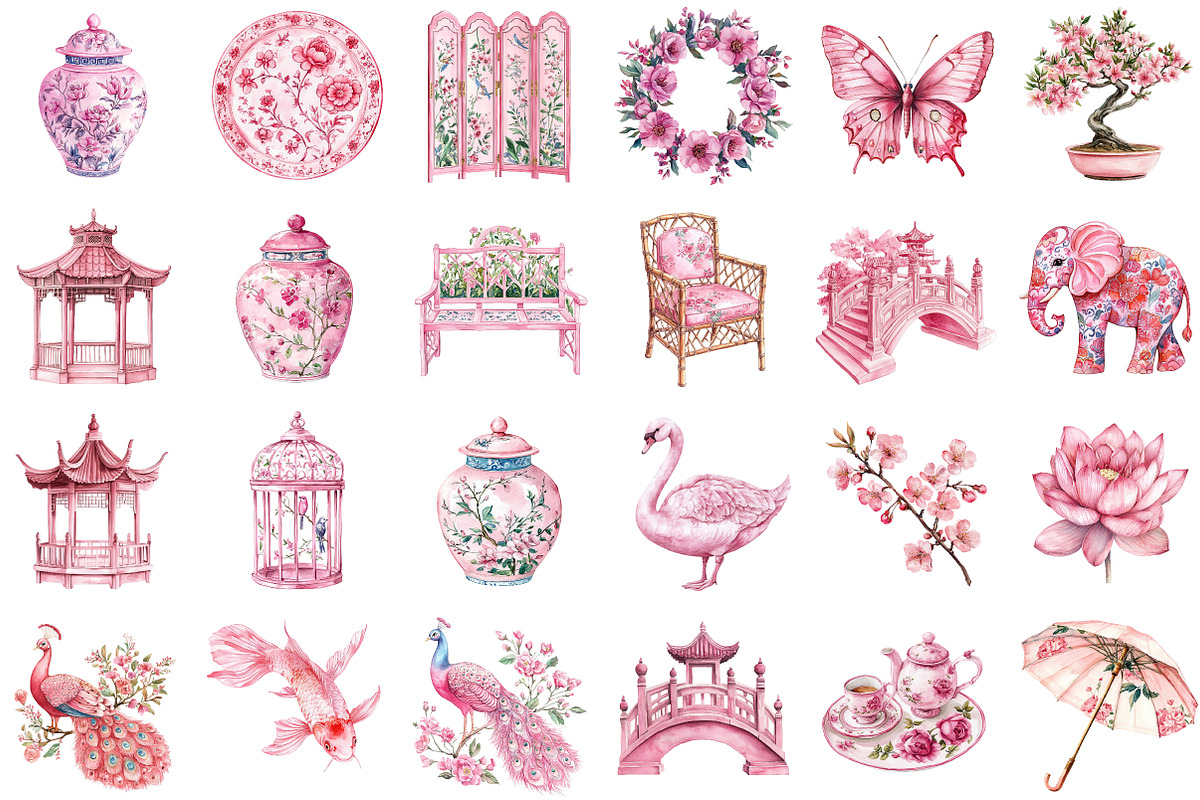 Watercolor Pink Preppy Chinoiserie S, an Illustration by Sublimation Artist (Photo 2 of 6)