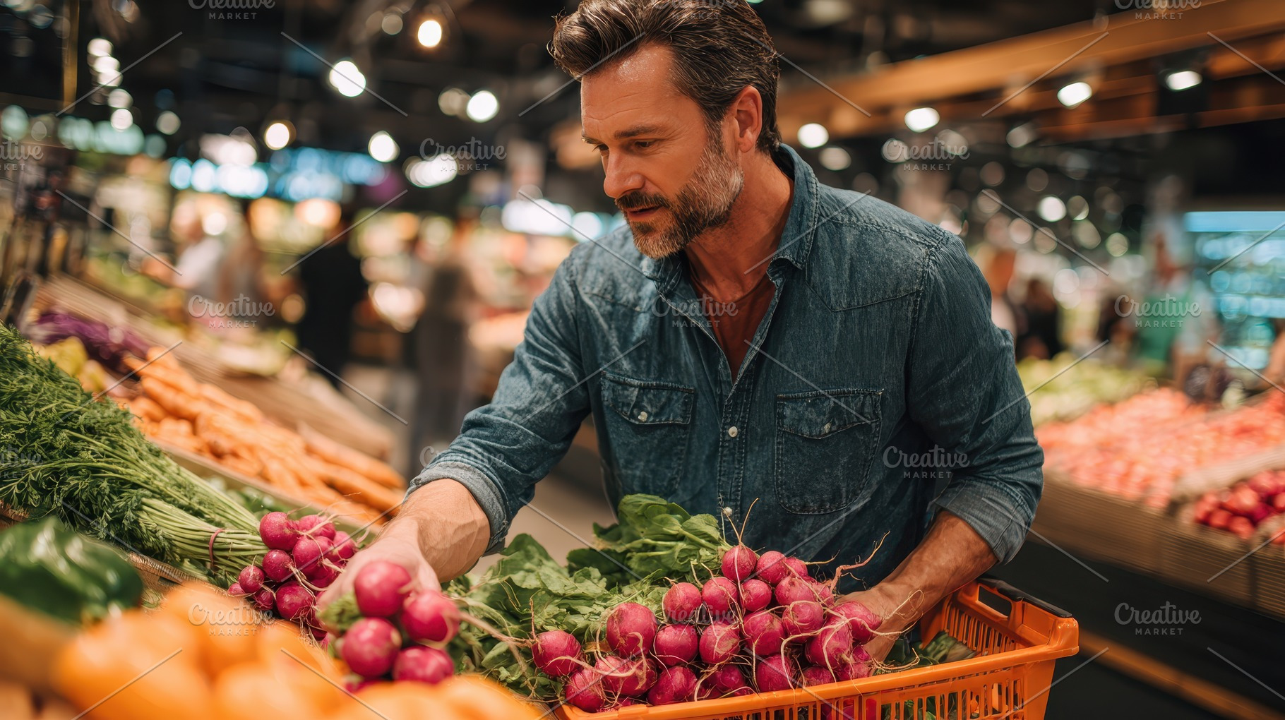 Man shopping for fresh radishes at a, a Photo by Pixeness Studio