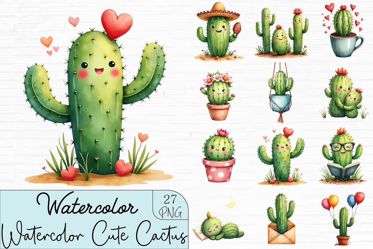 Watercolor Cute Cactus Clipart, an Illustration by CrexoraLab (Photo 1 of 4)