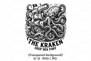 Kraken octopus attacking pirate ship, an Animal Illustration by yod67