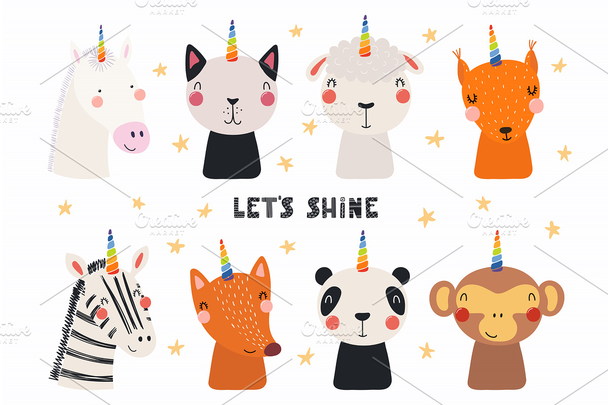 Cute animals with unicorn horn set, an Animal Illustration by sceptical cactus