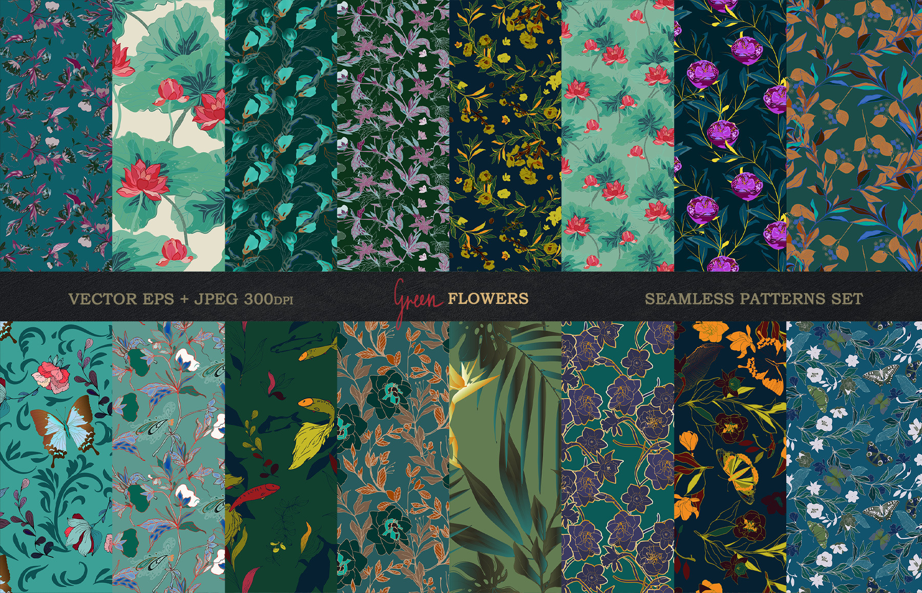 Green floral vector seamless pack, a Pattern Graphic by PatternsBlooming