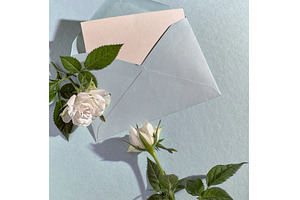 Open pastel blue envelope with blank, a Photo by tilialucida