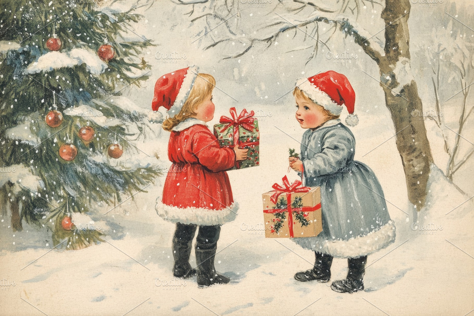 Kids share gifts in the snow, a Photo by Beautiful things