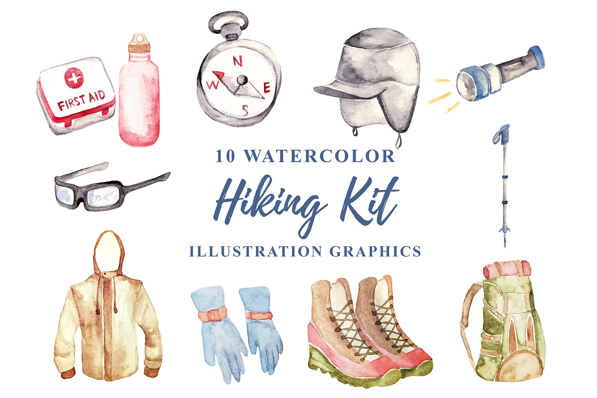 Watercolor Hiking Kit Clipart, an Object Illustration by KAZ by IanMikraz Studio