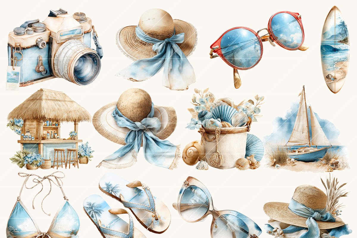 Watercolor Summer Beach Clipart, a Seasonal Illustration by BusyDaydesign (Photo 2 of 9)